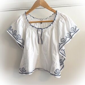 White Smocked Crop Blouse with Flutter Sleeves